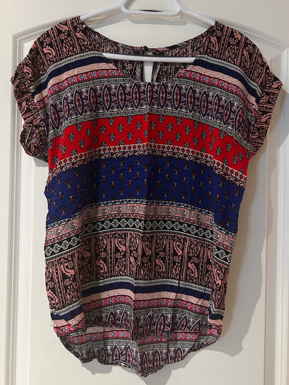 Printed Short Sleeve Women's Top in Red, Blue, and Pink